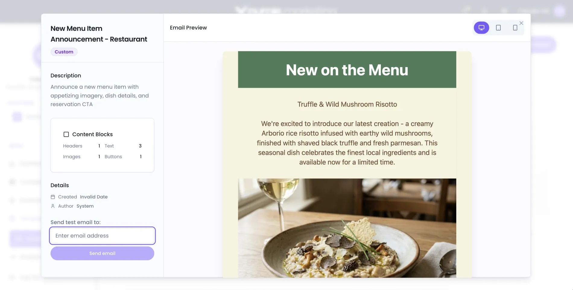The Engage+ email builder previewing a restaurant menu announcement