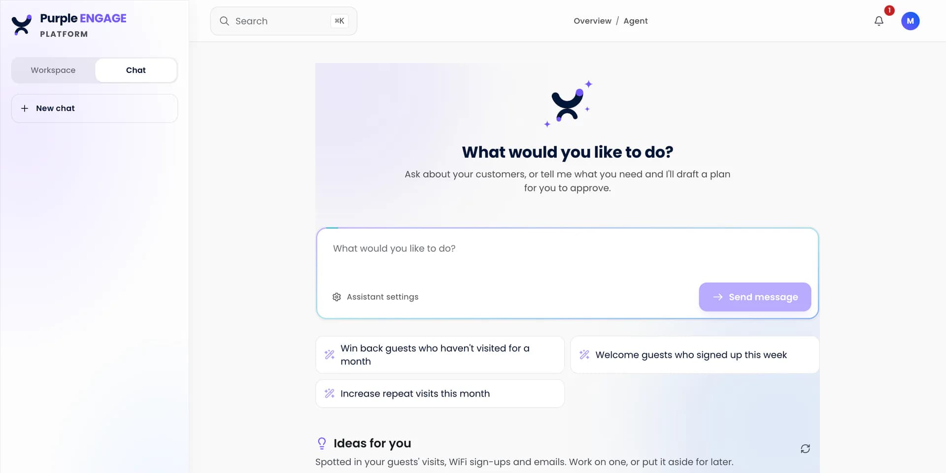 The Purple Engage assistant asking what you would like to do, with suggested tasks such as winning back guests who have not visited for a month