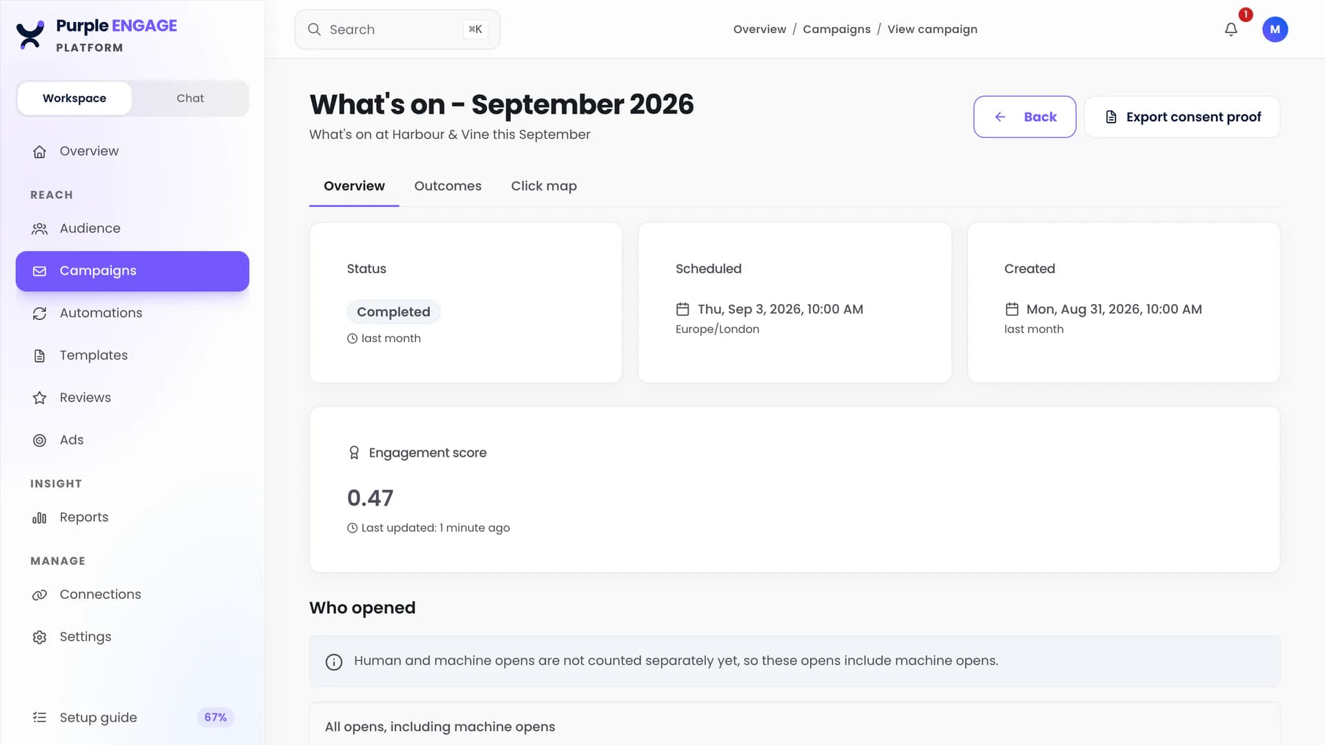 A sent campaign's results in Purple Engage, with its status, schedule, engagement score and an Export consent proof button