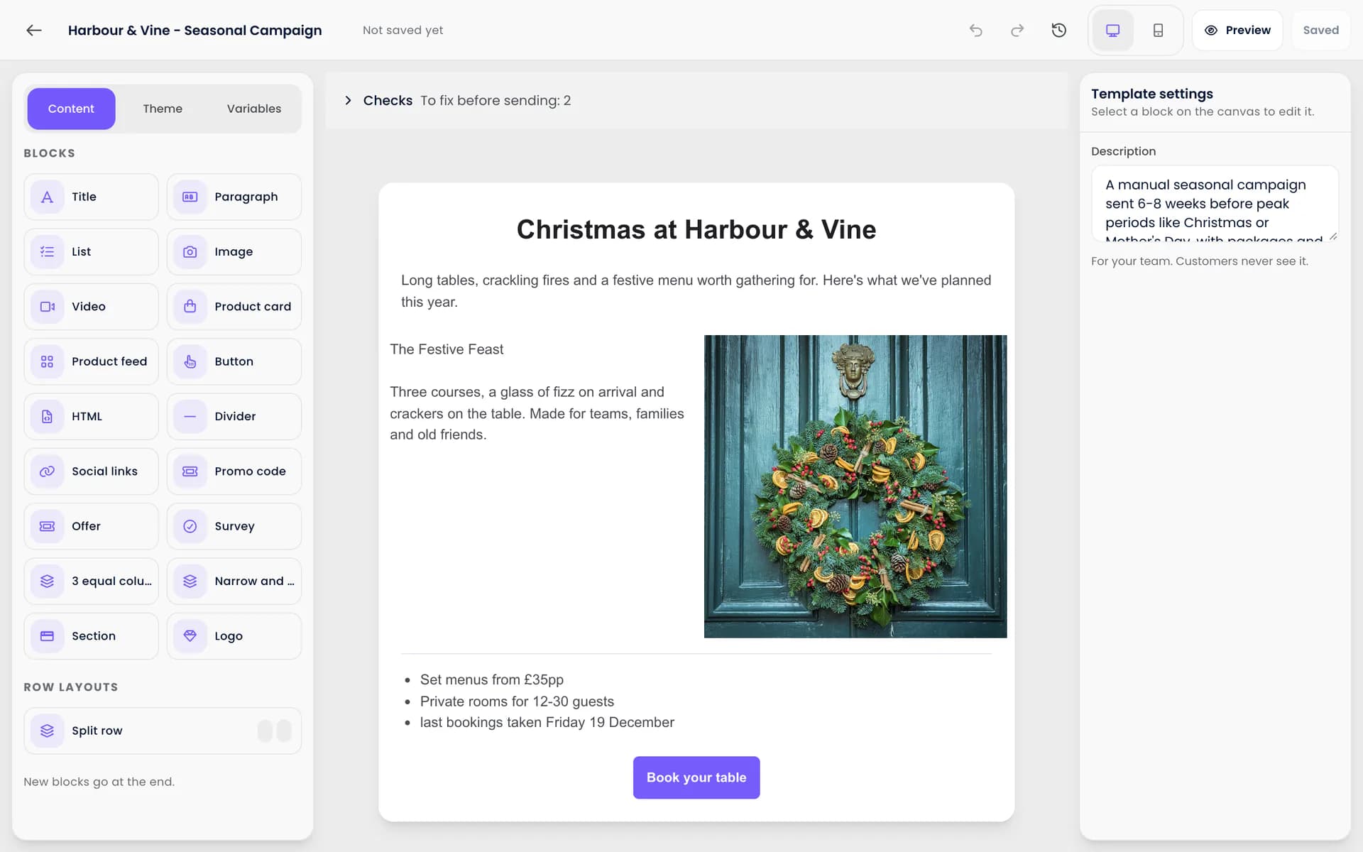 The Purple Engage drag-and-drop email builder, with content blocks on the left and a Christmas campaign being edited in the center