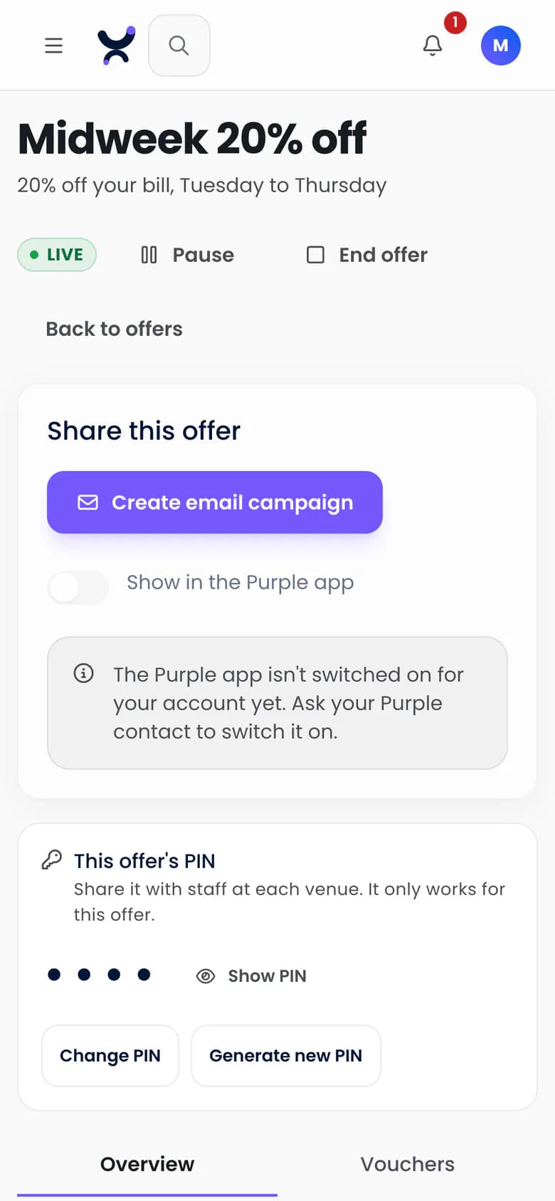 A live Midweek 20% off offer in Purple Engage, with its staff PIN, redemptions, redemption rate, cost and return rate, on a phone