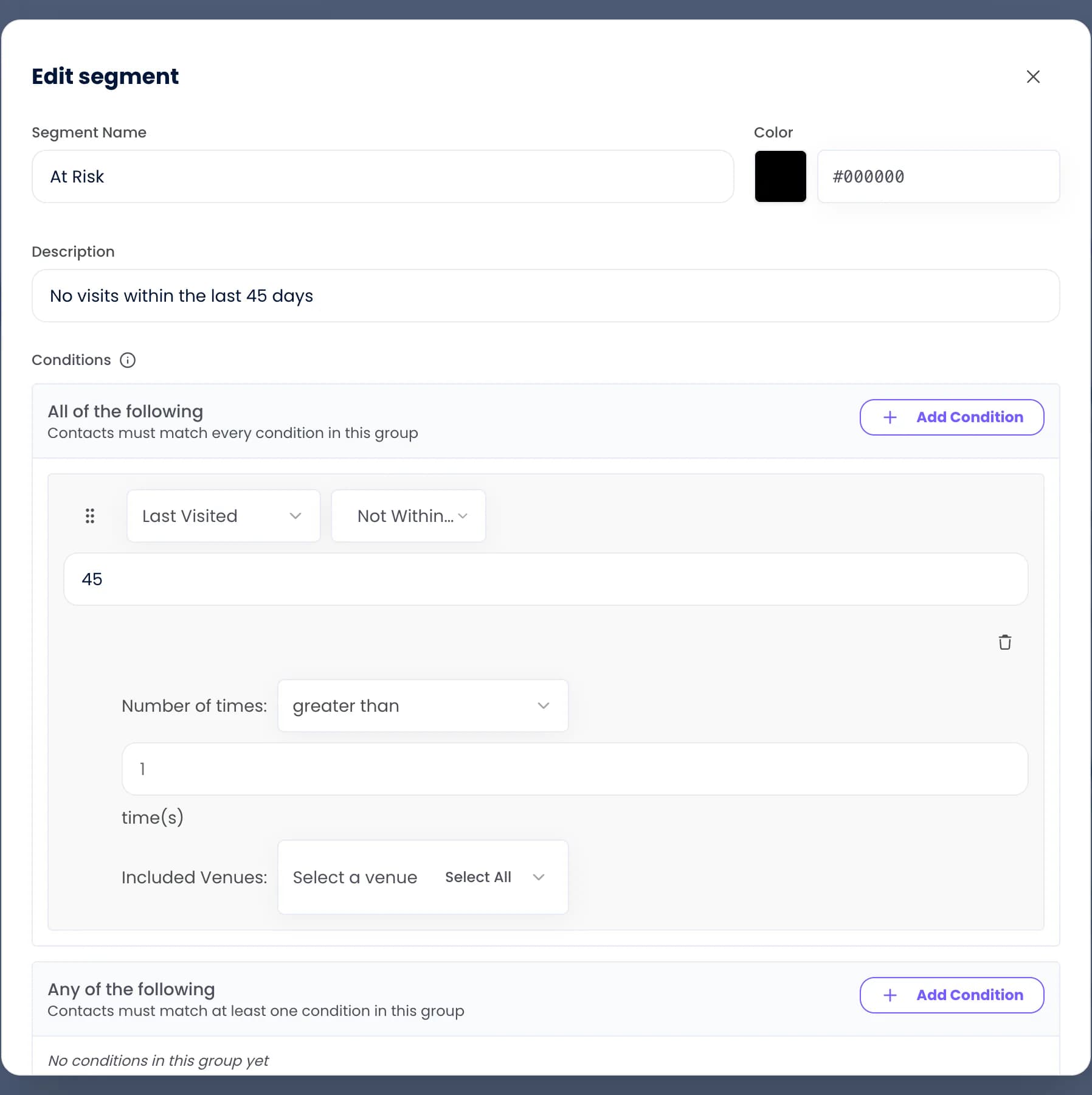 The segment editor in Purple Engage, defining At Risk as guests with no visit in the last 45 days