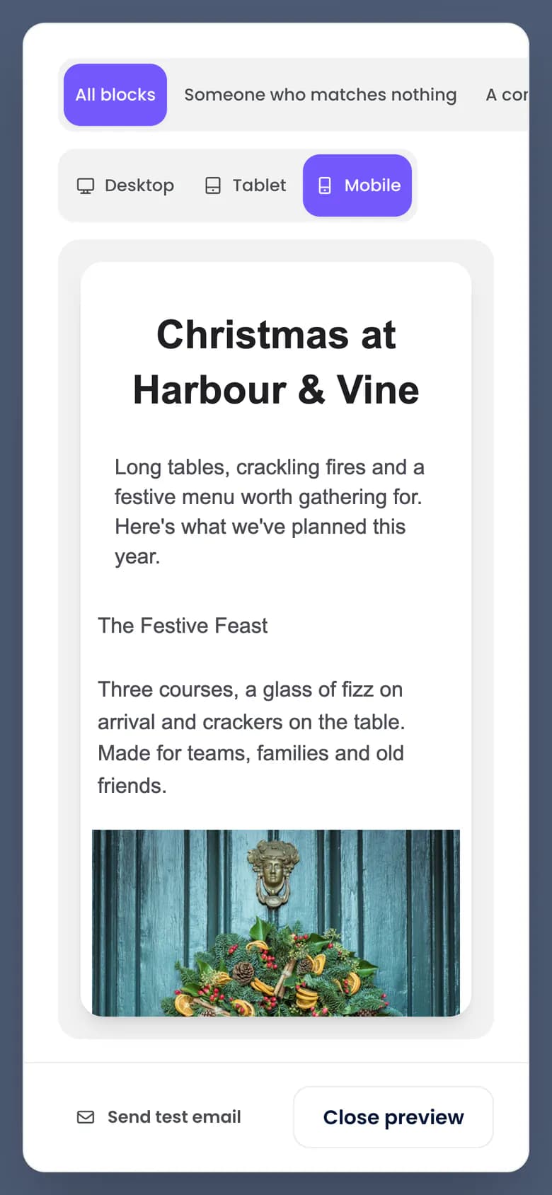 The Purple Engage drag-and-drop email builder, with content blocks on the left and a Christmas campaign being edited in the center, on a phone