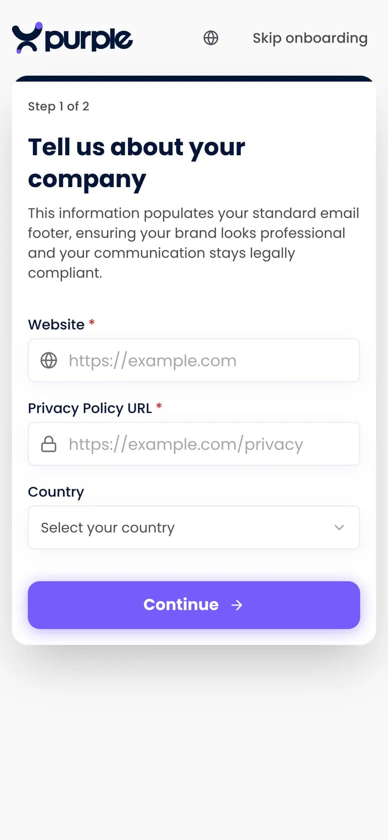 The first step of Purple Engage set-up, asking for your website, privacy policy link and country, on a phone