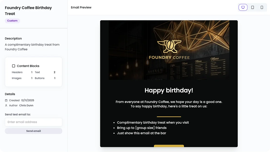 The Engage+ email builder previewing a restaurant menu announcement