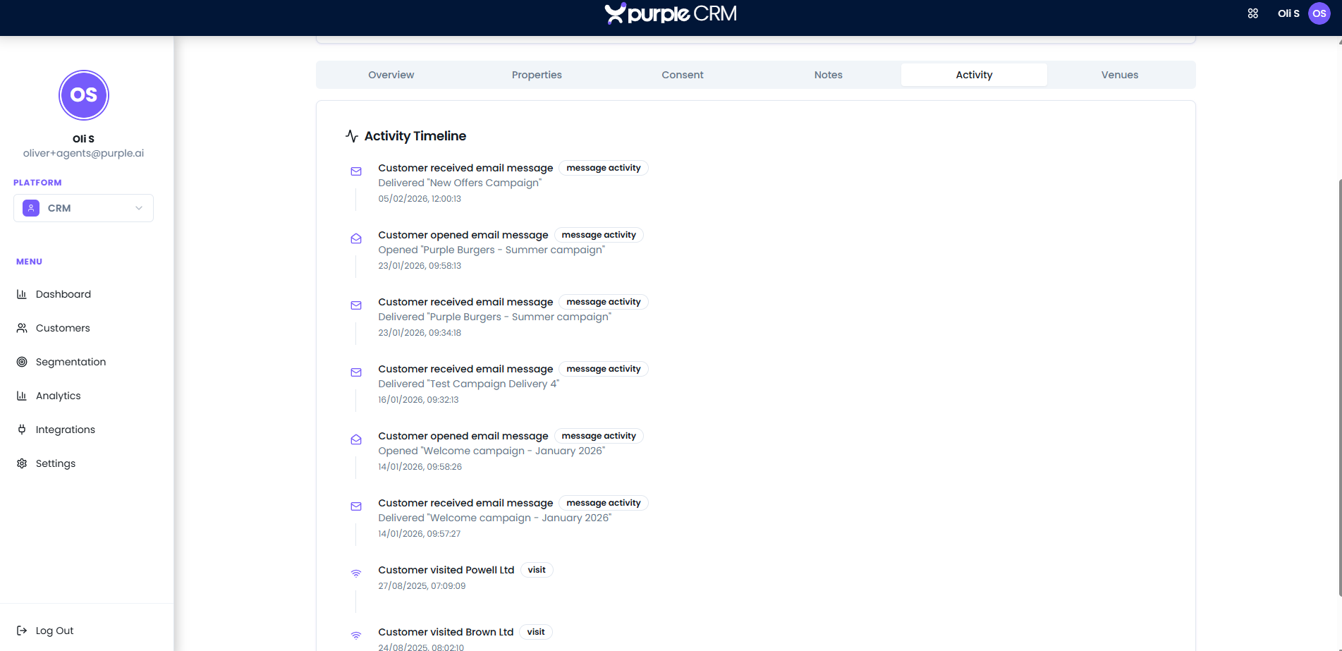 The Purple Engage email marketing dashboard